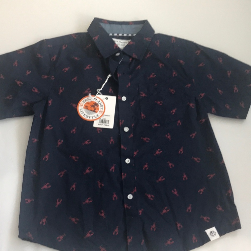Free Planet KIDS Lobster Print Navy Red Button Up Shirt size L 6 NWT Maine East